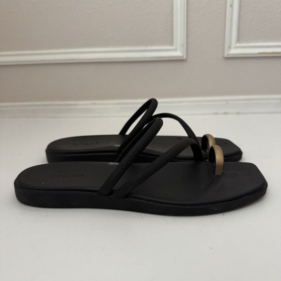 Crocs Miami Metallic Toe Loop Sandal Black Gold Flat Sandal Womens Size 8 210042 - Picture 4 of 7